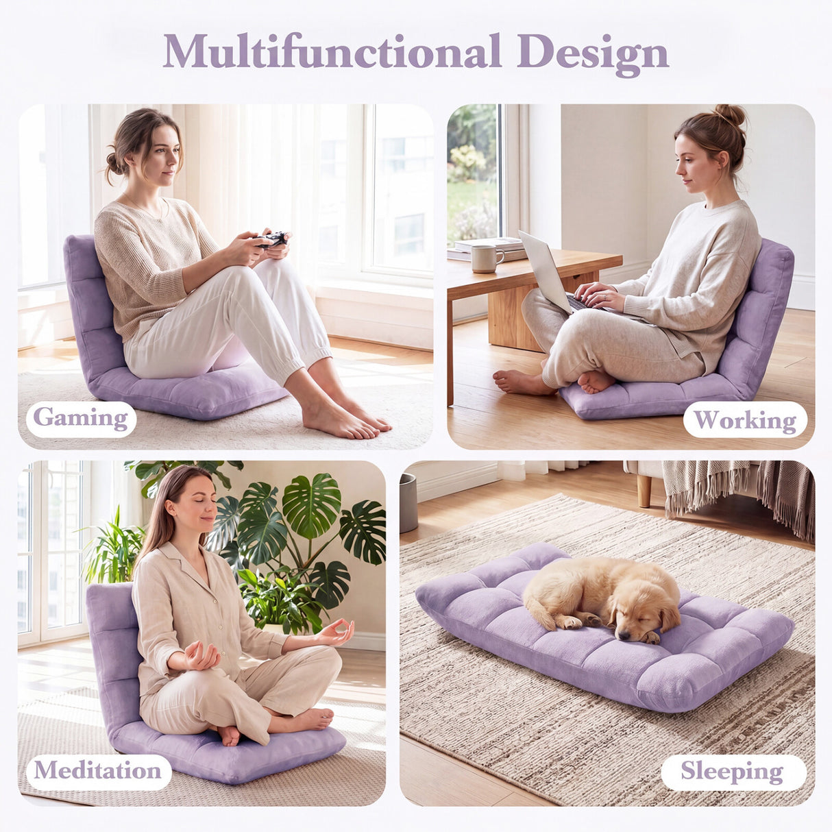 14-Position Adjustable Cushioned Floor Chair-Light Purple