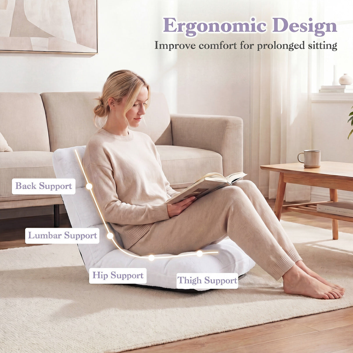 14-Position Adjustable Cushioned Floor Chair-White