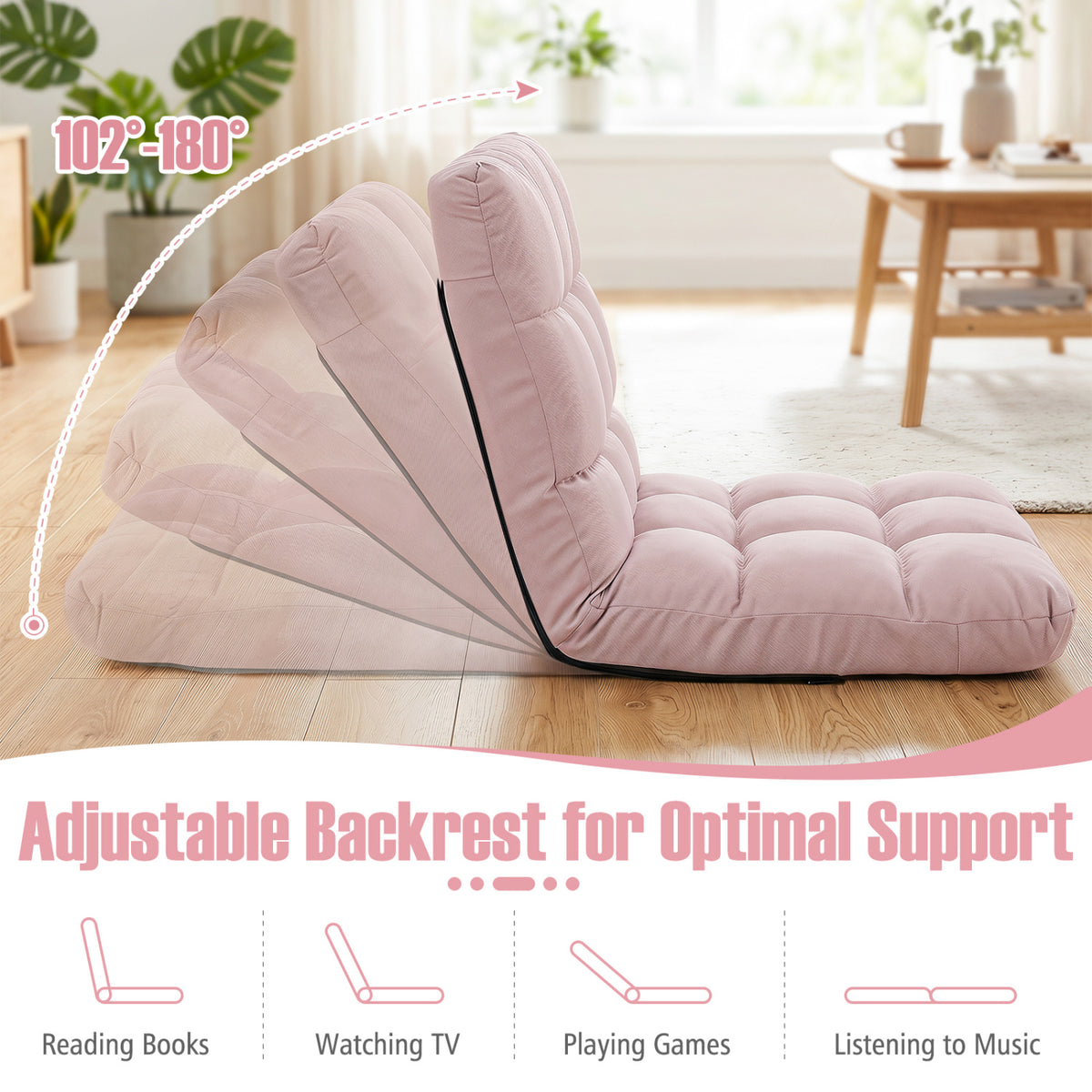 14-Position Adjustable Folding Lazy Gaming Sofa-Light Pink