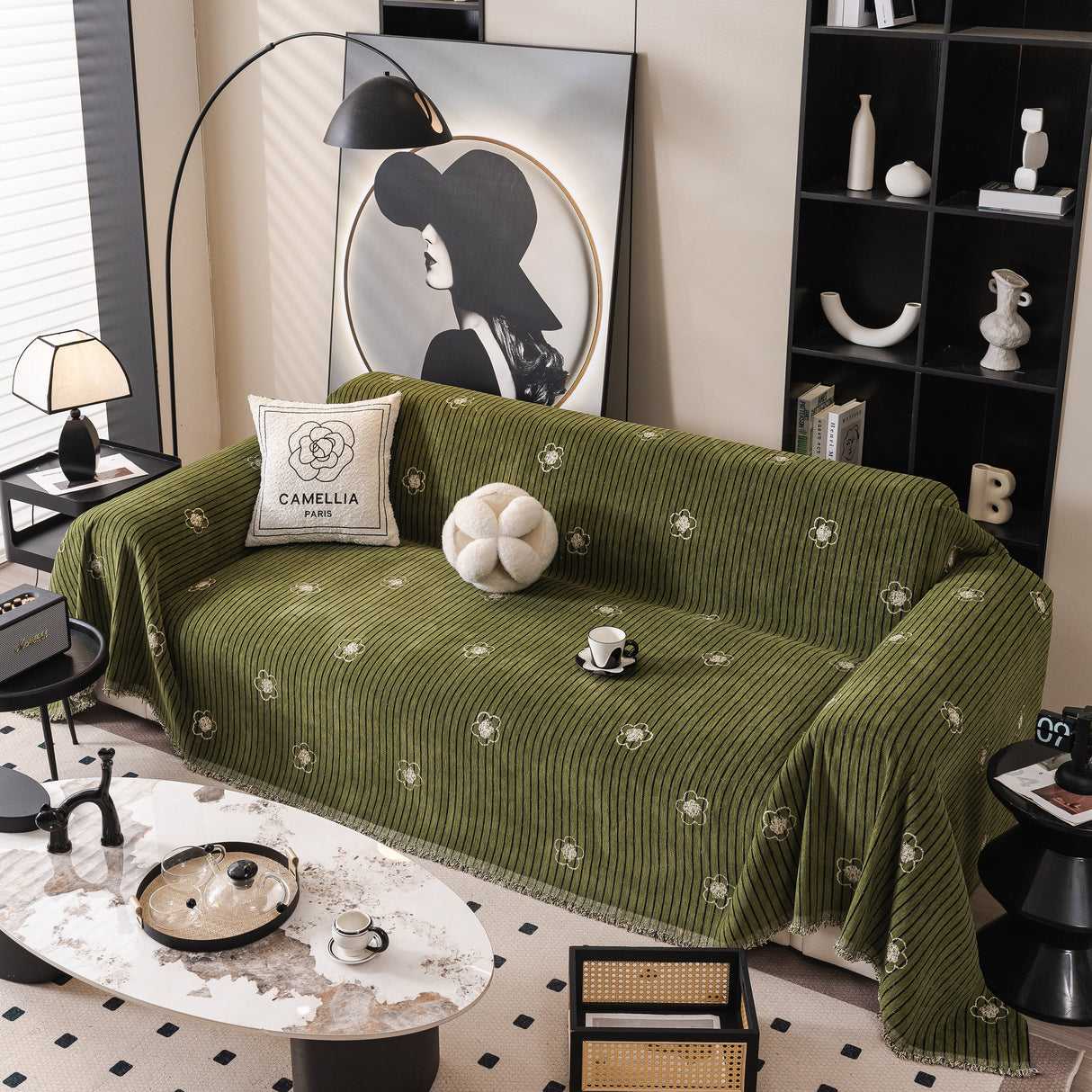 Chenille Camellia Floral Sofa Throw Cover Couch Blanket with Striped Jacquard