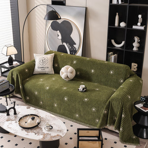 Chenille Camellia Floral Sofa Throw Cover Couch Blanket with Striped Jacquard