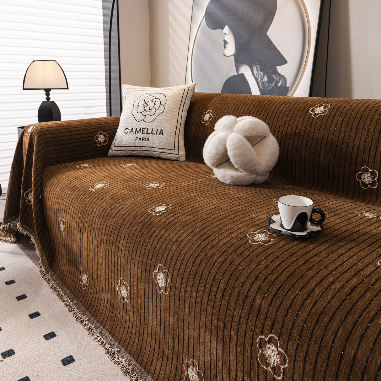 Chenille Camellia Floral Sofa Throw Cover Couch Blanket with Striped Jacquard