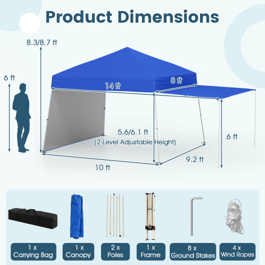 14 x 9.2 Feet Pop up Canopy Tent with 2 Convertible Sidewalls to Awning and Stakes-Blue