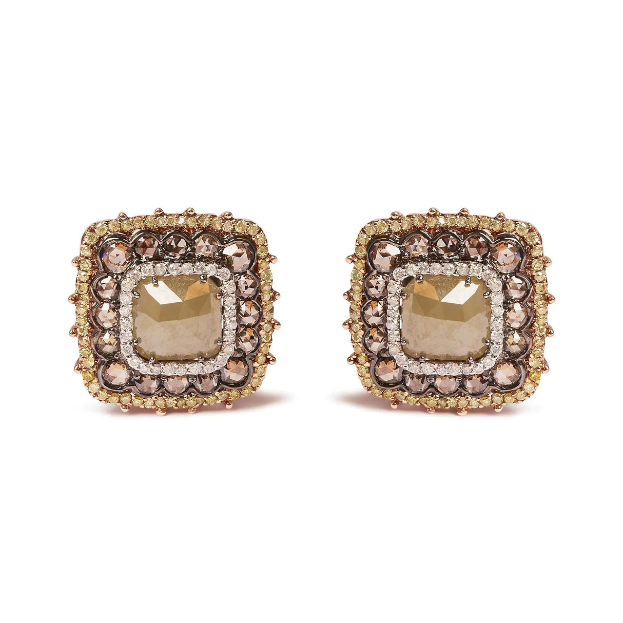 14K Rose Gold 5 7/8 Cttw Fancy Color Rose Cut Diamond Cushion Shape Triple Halo Stud Earring (Fancy Color, I2-I3 Clarity)