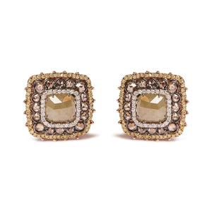 14K Rose Gold 5 7/8 Cttw Fancy Color Rose Cut Diamond Cushion Shape Triple Halo Stud Earring (Fancy Color, I2-I3 Clarity)