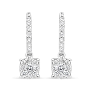14K White 1/2 Cttw Round Diamond Halo Dangle Hook Earring - (H-I Color, SI2-I1 Clarity)