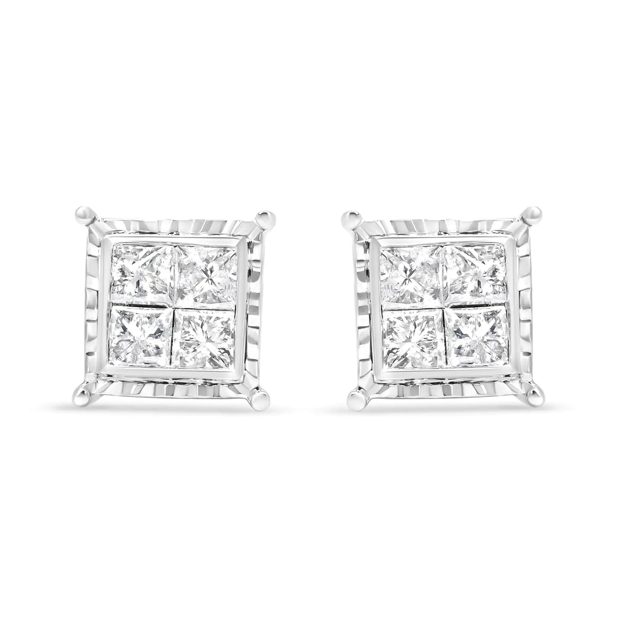 14K White Gold 1 1/2 Cttw Invisible Set Princess-Cut Diamond Contemporary Wavy Quad Stud Earrings (I-J Color, I1-I2 Clarity)