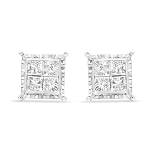 14K White Gold 1 1/2 Cttw Invisible Set Princess-Cut Diamond Contemporary Wavy Quad Stud Earrings (I-J Color, I1-I2 Clarity)