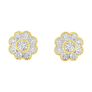 14K Yellow Gold Plated .925 Sterling Silver 1/6 Cttw Miracle-Plate Set Diamond Floral Stud Earrings (I-J Color, I2-I3 Clarity)