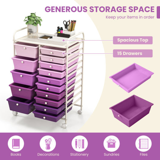 15-Drawer Utility Rolling Organizer Cart Multi-Use Storage-Purple