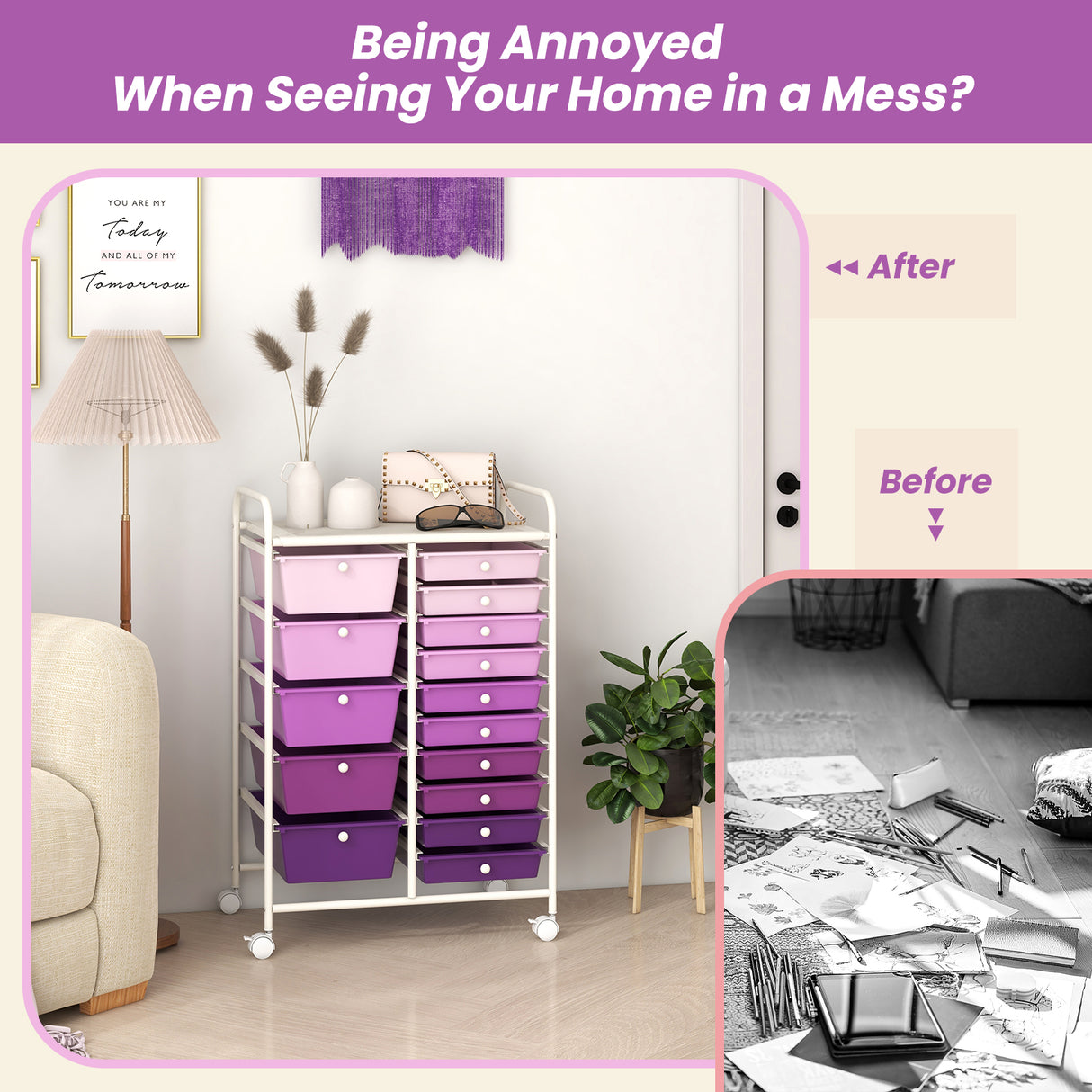 15-Drawer Utility Rolling Organizer Cart Multi-Use Storage-Purple