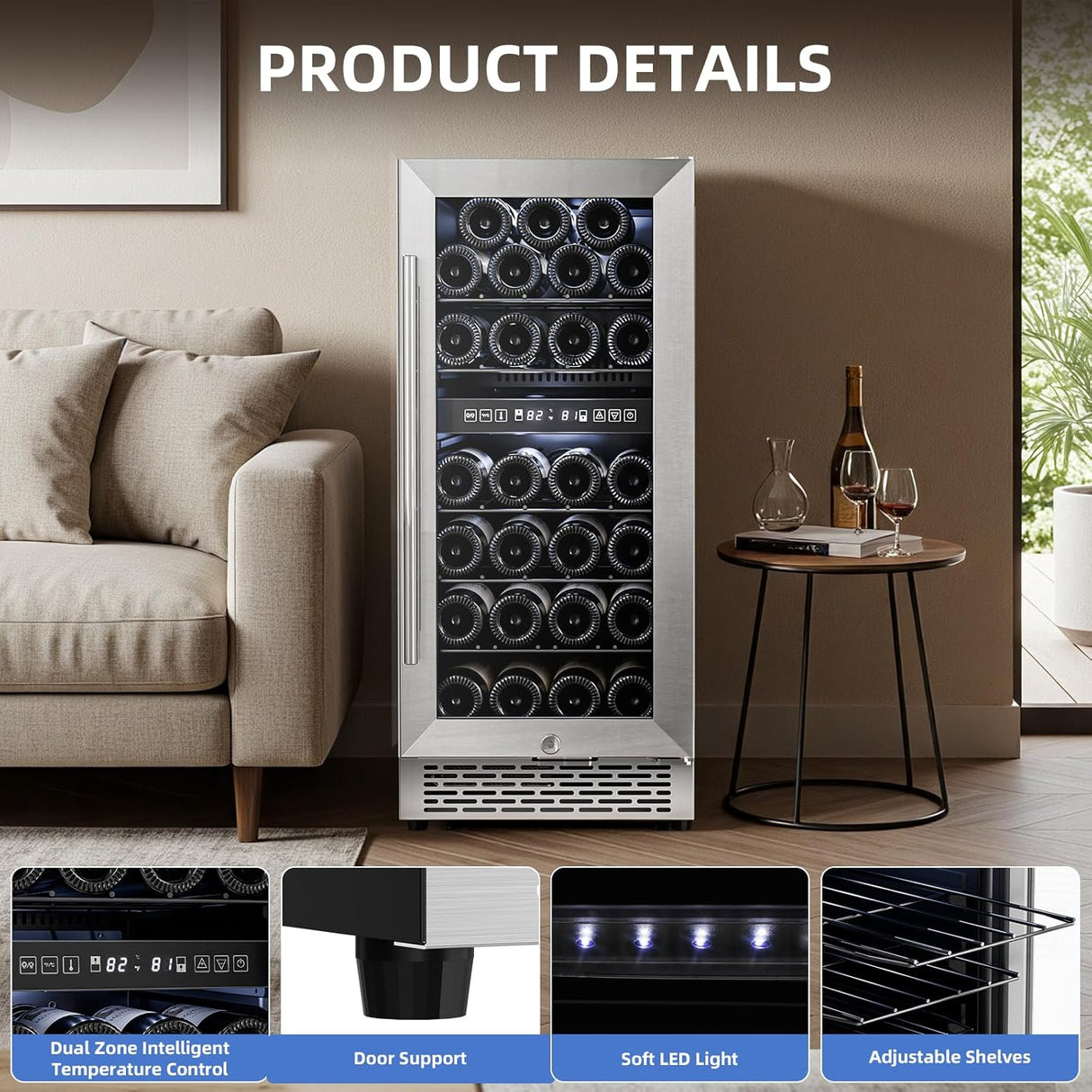 15 Inch Wine Cooler Refrigerator with Stainless Steel Double-Layer Tempered Glass Door W4888S