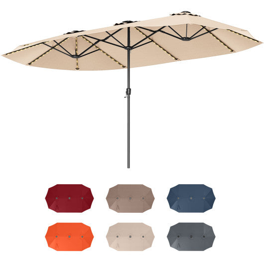 15.5 FT Extra-Large Patio Umbrella with LED Solar Lights and Crank Handle-Beige
