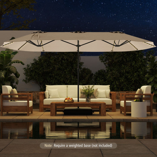 15.5 FT Extra-Large Patio Umbrella with LED Solar Lights and Crank Handle-Beige