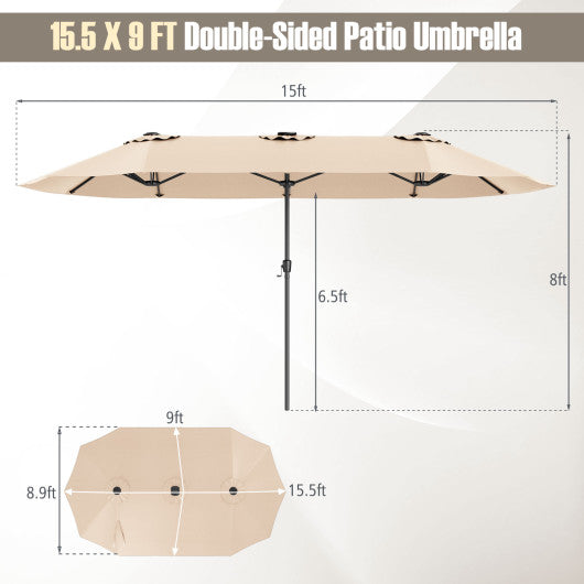 15.5 FT Extra-Large Patio Umbrella with LED Solar Lights and Crank Handle-Beige