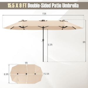 15.5 FT Extra-Large Patio Umbrella with LED Solar Lights and Crank Handle-Beige