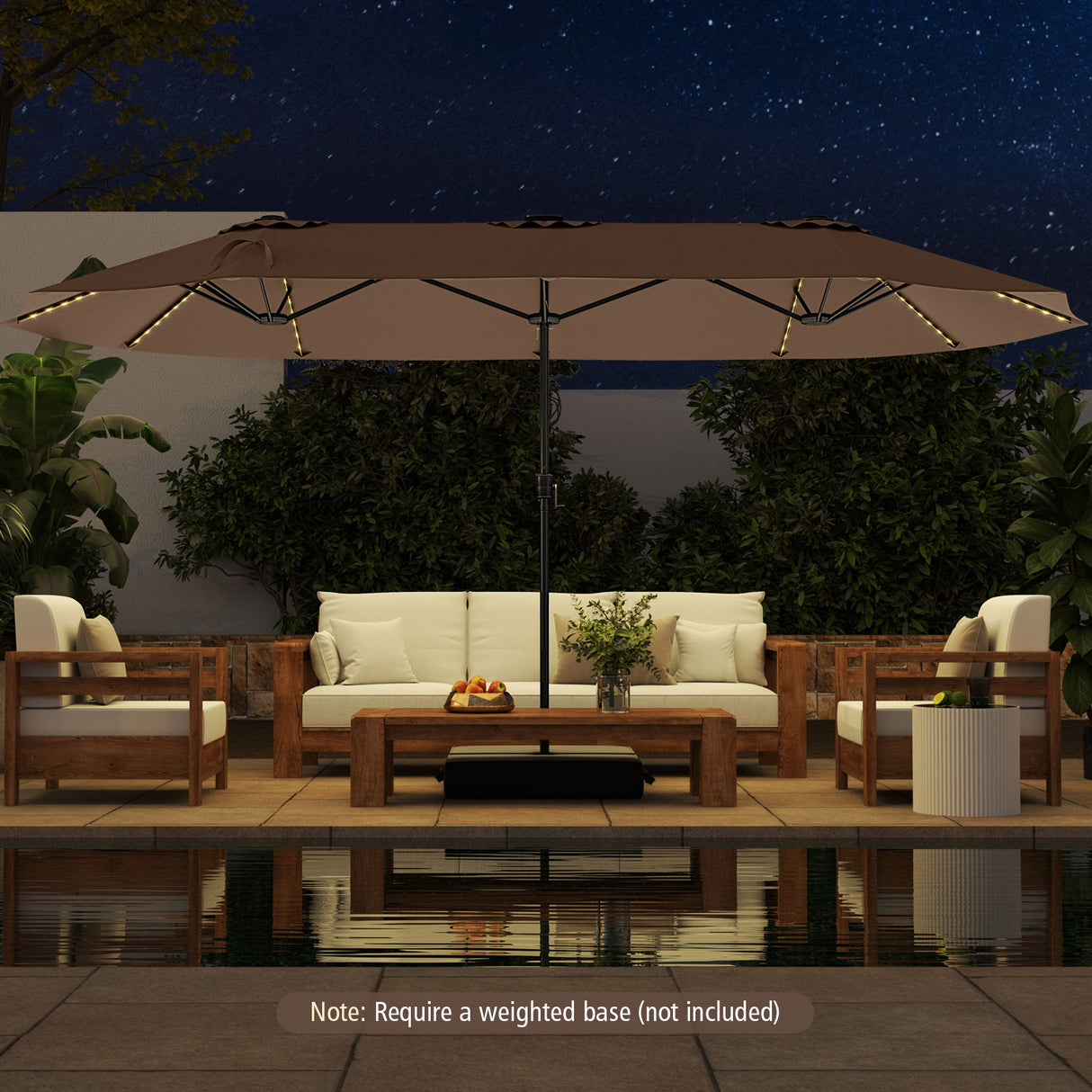 15.5 FT Extra-Large Patio Umbrella with LED Solar Lights and Crank Handle-Brown
