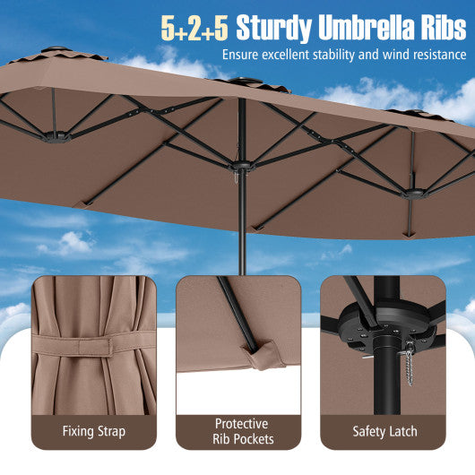 15.5 FT Extra-Large Patio Umbrella with LED Solar Lights and Crank Handle-Brown