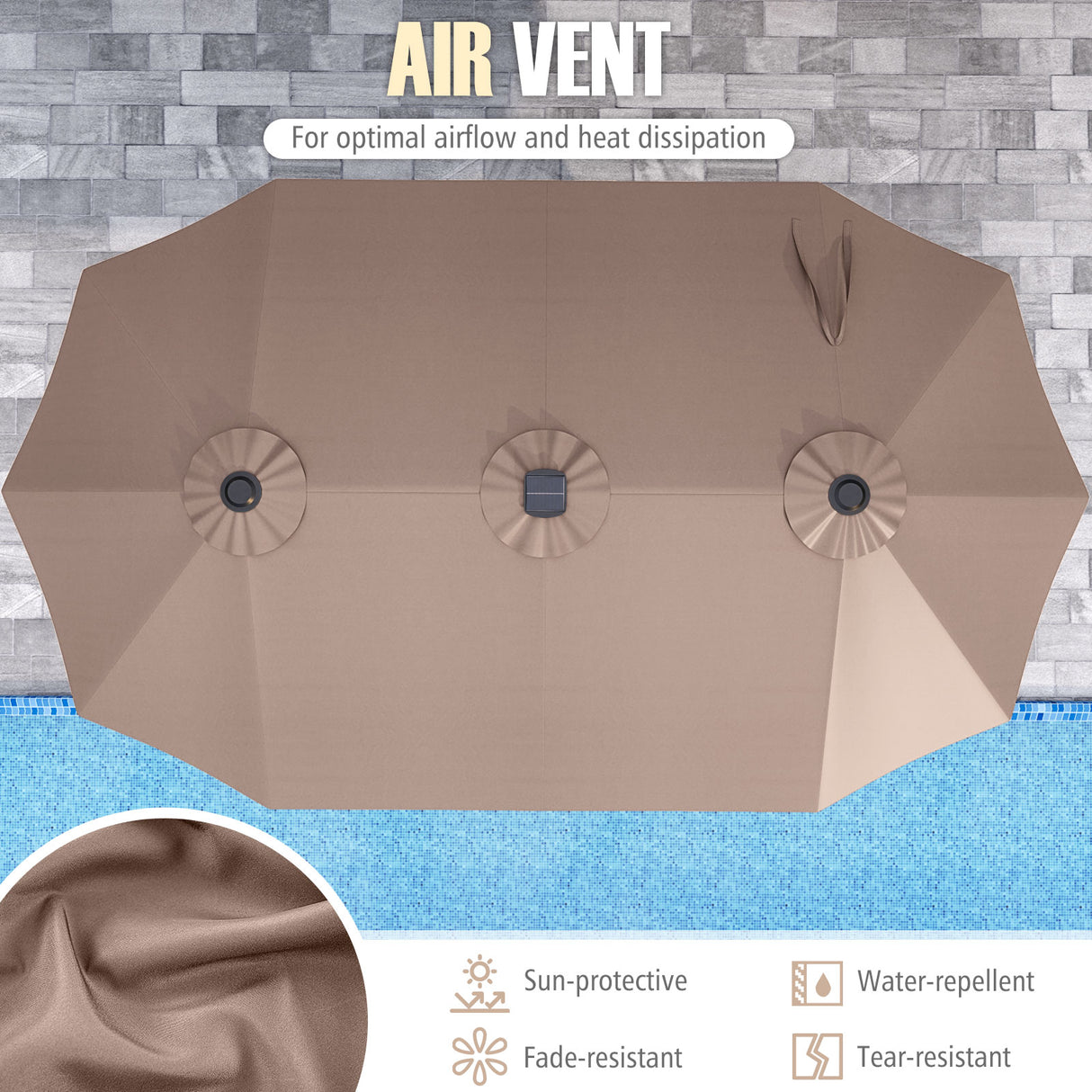 15.5 FT Extra-Large Patio Umbrella with LED Solar Lights and Crank Handle-Brown