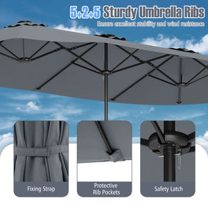 15.5 FT Extra-Large Patio Umbrella with LED Solar Lights and Crank Handle-Gray