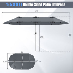 15.5 FT Extra-Large Patio Umbrella with LED Solar Lights and Crank Handle-Gray