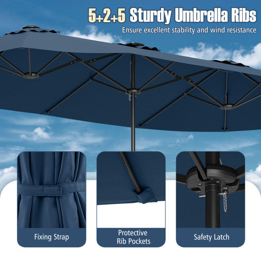 15.5 FT Extra-Large Patio Umbrella with LED Solar Lights and Crank Handle-Navy