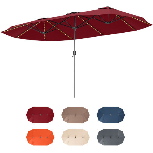 15.5 FT Extra-Large Patio Umbrella with LED Solar Lights and Crank Handle-Red