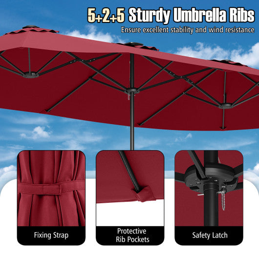 15.5 FT Extra-Large Patio Umbrella with LED Solar Lights and Crank Handle-Red