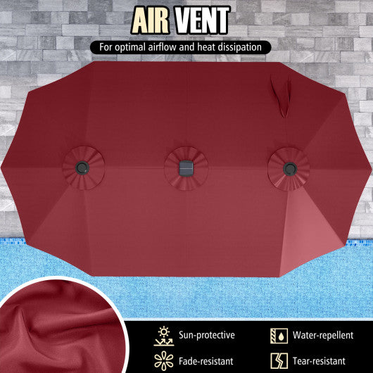 15.5 FT Extra-Large Patio Umbrella with LED Solar Lights and Crank Handle-Red