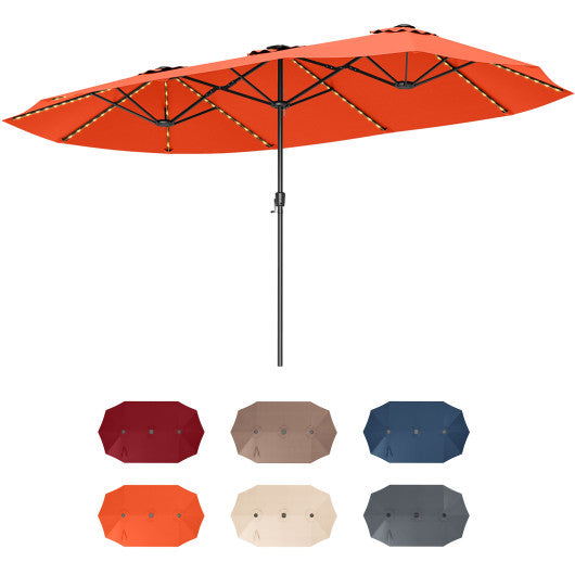 15.5 FT Extra-Large Patio Umbrella with LED Solar Lights and Crank Handle-Orange