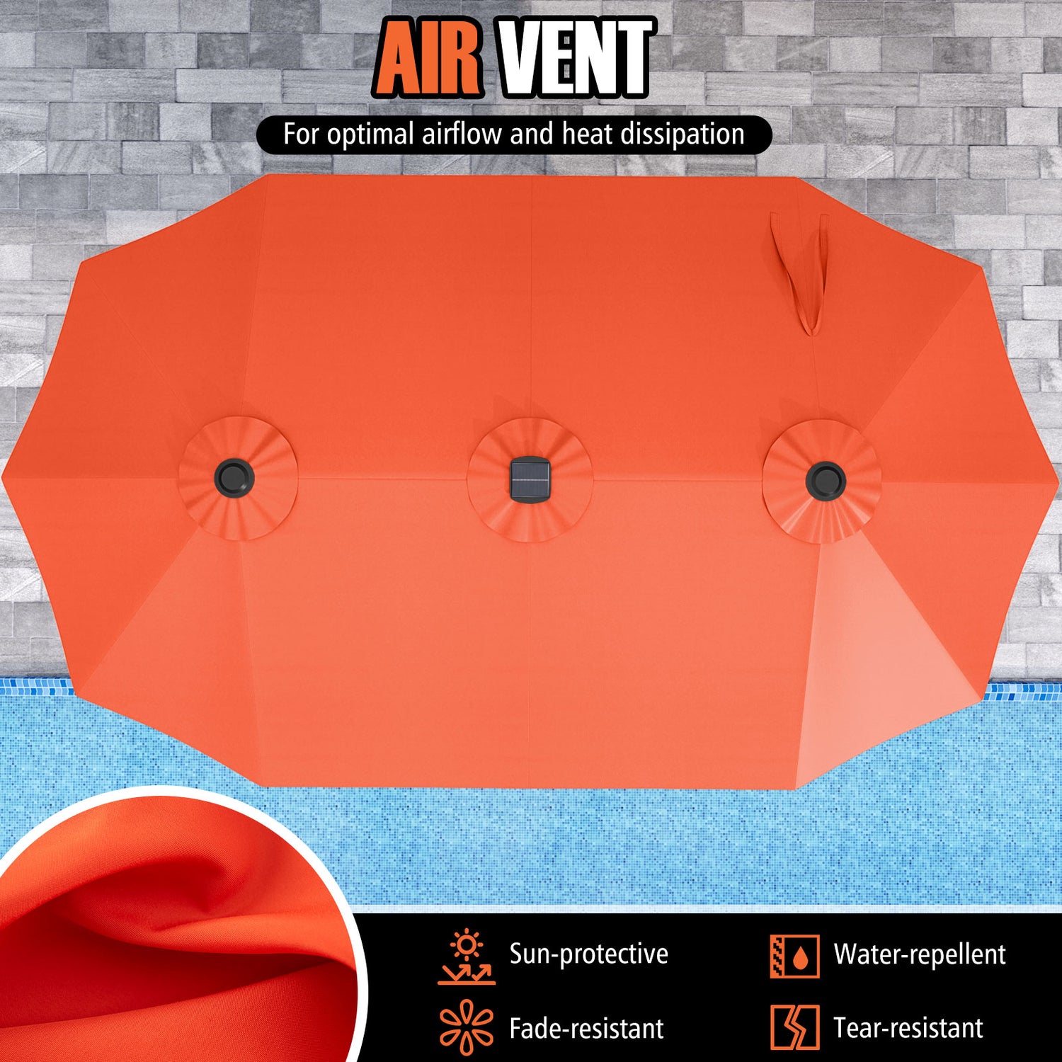 15.5 FT Extra-Large Patio Umbrella with LED Solar Lights and Crank Handle-Orange