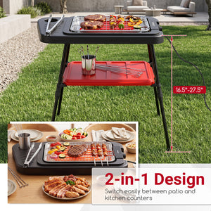 1500W 2-in-1 Electric Grill with Detachable Stand and Dual Plates for Balcony-Red