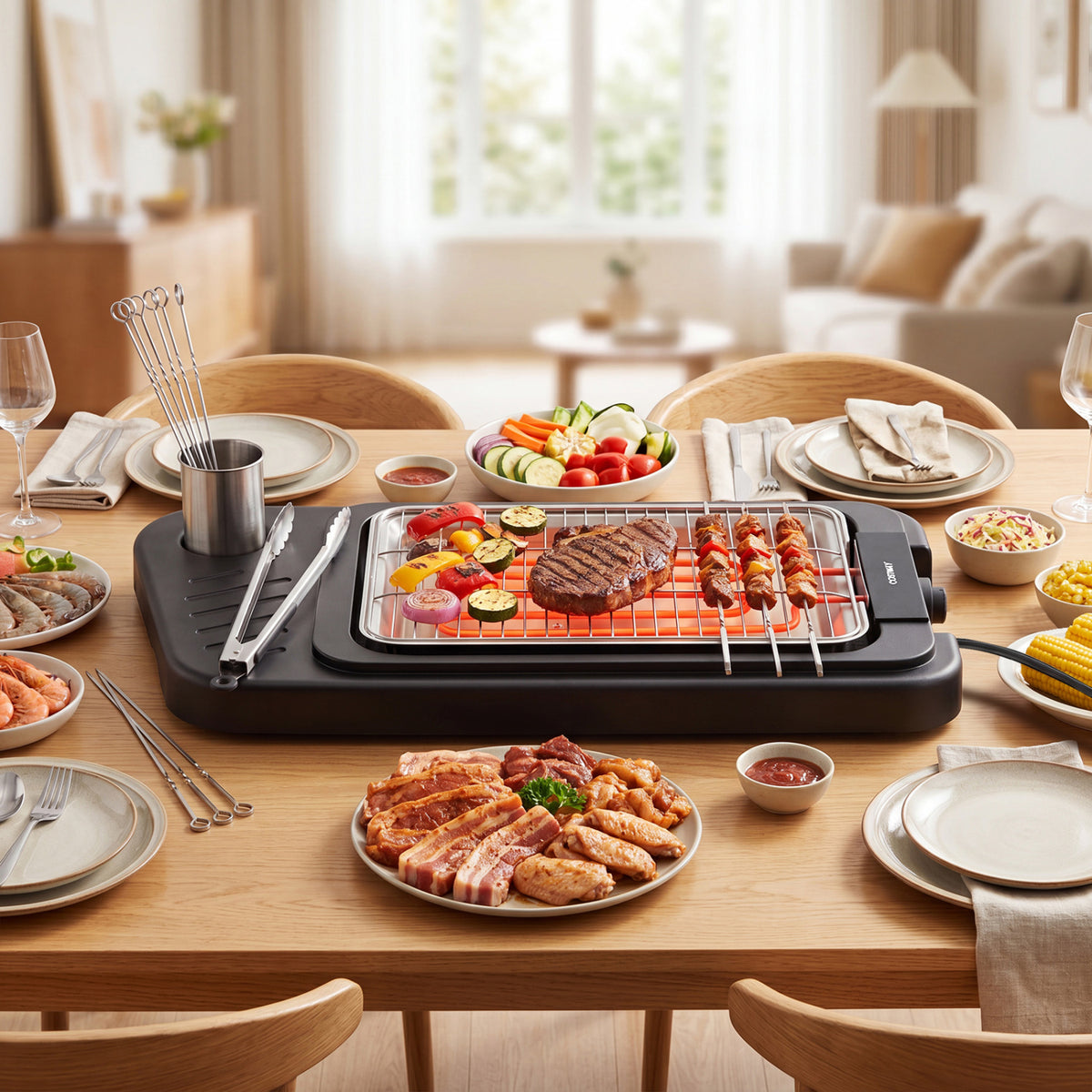 1500W 2-in-1 Electric Grill with Detachable Stand and Dual Plates for Balcony-Red
