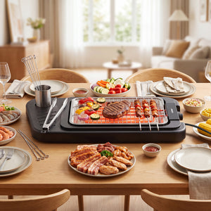 1500W 2-in-1 Electric Grill with Detachable Stand and Dual Plates for Balcony-Red