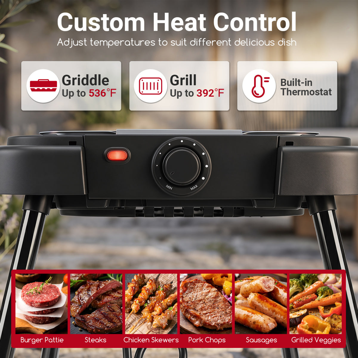 1500W 2-in-1 Electric Grill with Detachable Stand and Dual Plates for Balcony-Red
