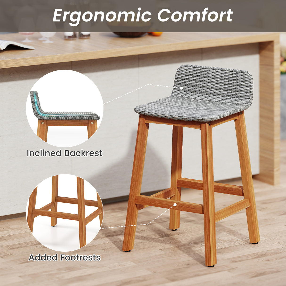 Solid Acacia Wood Bar Stools Set of 2 with Backrests and Footrests for Porch-Gray