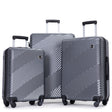 A matching 3 Piece Luggage Set stands upright in varying sizes, featuring a textured diagonal line design in silver with black handles and spinner wheels.