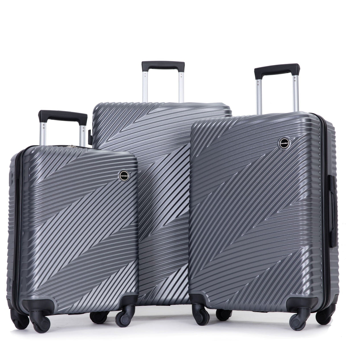 A matching 3 Piece Luggage Set stands upright in varying sizes, featuring a textured diagonal line design in silver with black handles and spinner wheels.