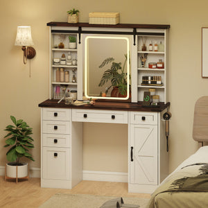 Farmhouse Vanity Desk with Barn-Style Sliding Mirror and 3 Lighting Modes-White