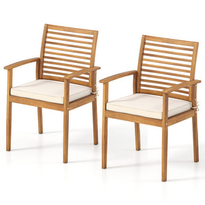 Outdoor Patio Dining Chairs Set of 2 with Removable Padded Cushion and Slatted Backrest-Beige
