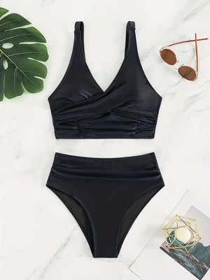 Bikini Solid Black Twist Front High Waist 2 Piece Swimsuit for Women – Stretchy V Neck Bikini Set with Ruched Tummy Control and Cross Strape Detail – Quick Drying Polyamide Swimwear for Beachwear Poolside and Summer Travel