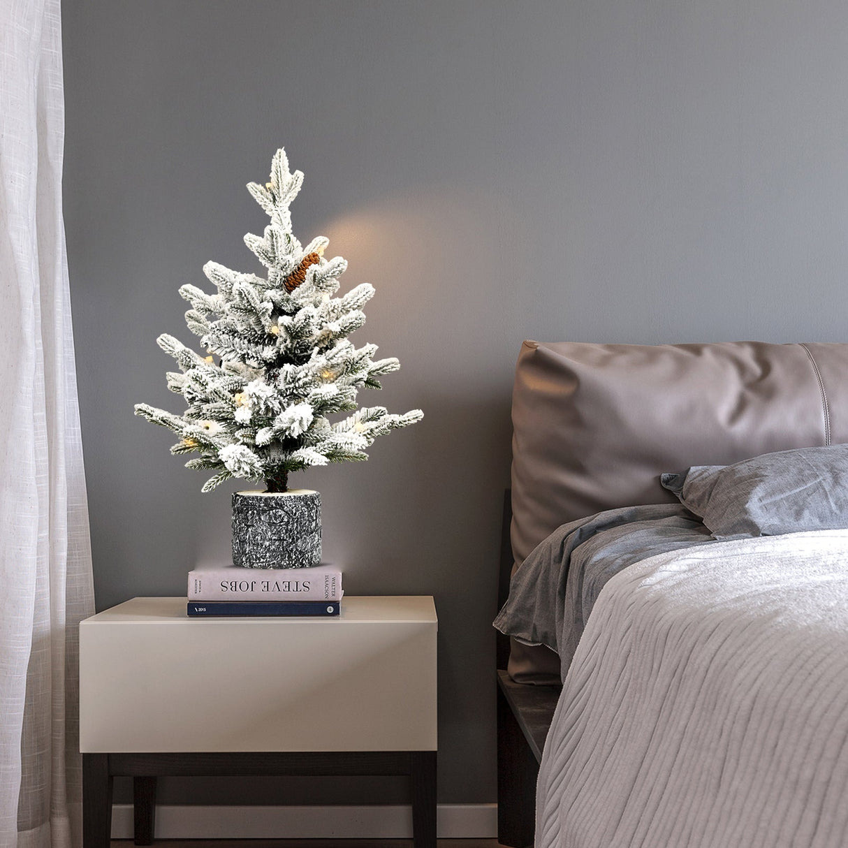 4.5FT Flocked Christmas Tree with Pot Base and LED Lights