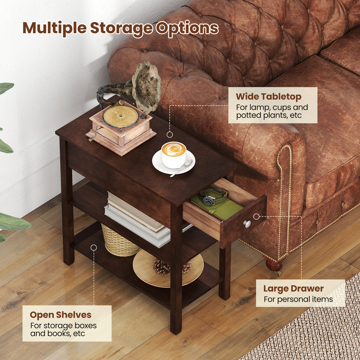 3-Tier Narrow End Table with Drawer and Storage Shelves Set of 2-Walnut