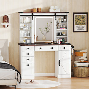 Farmhouse Vanity Desk with Barn-Style Sliding Mirror and 3 Lighting Modes-White