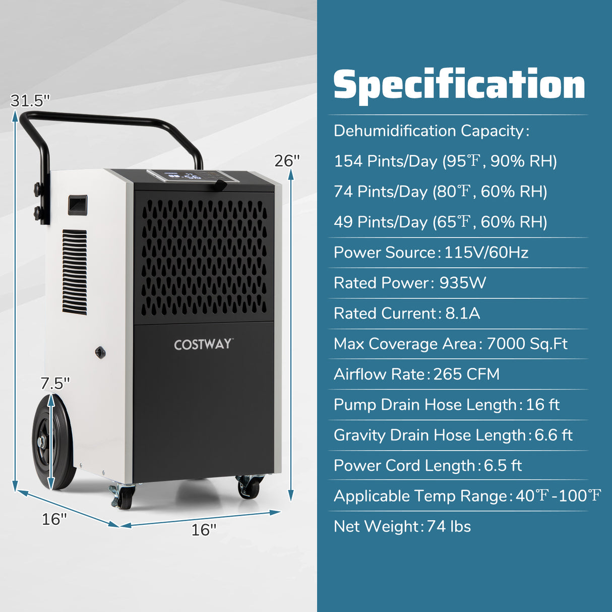 154 Pints Commercial Dehumidifier with Pump and Drain Hoses-White
