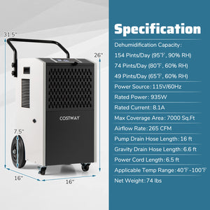 154 Pints Commercial Dehumidifier with Pump and Drain Hoses-White