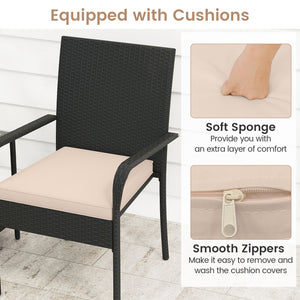 3 Piece Patio Furniture Set with Seat Cushions and Tempered Glass Tabletop-Beige