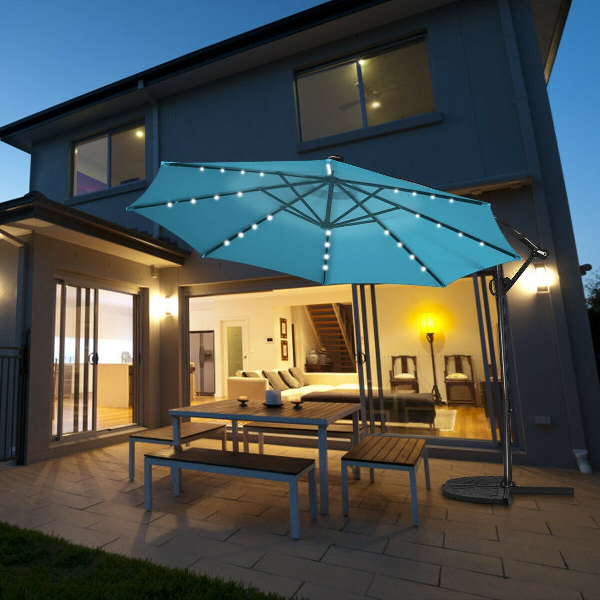 10 ft 360 ° Rotation Solar Powered LED Patio Offset Umbrella without Weight Base-Beige