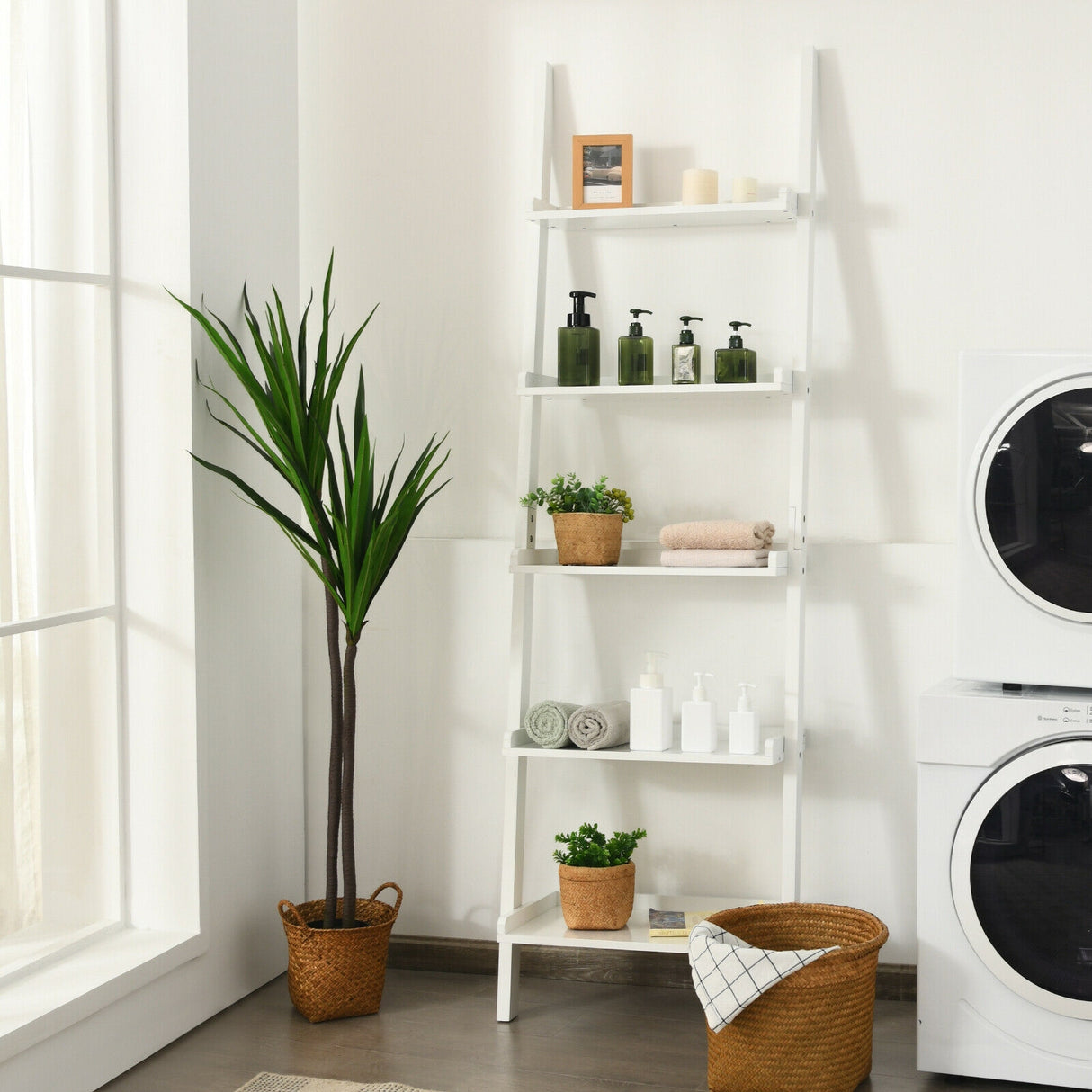 5-Tier Wall-leaning Ladder Shelf  Display Rack for Plants and Books-White