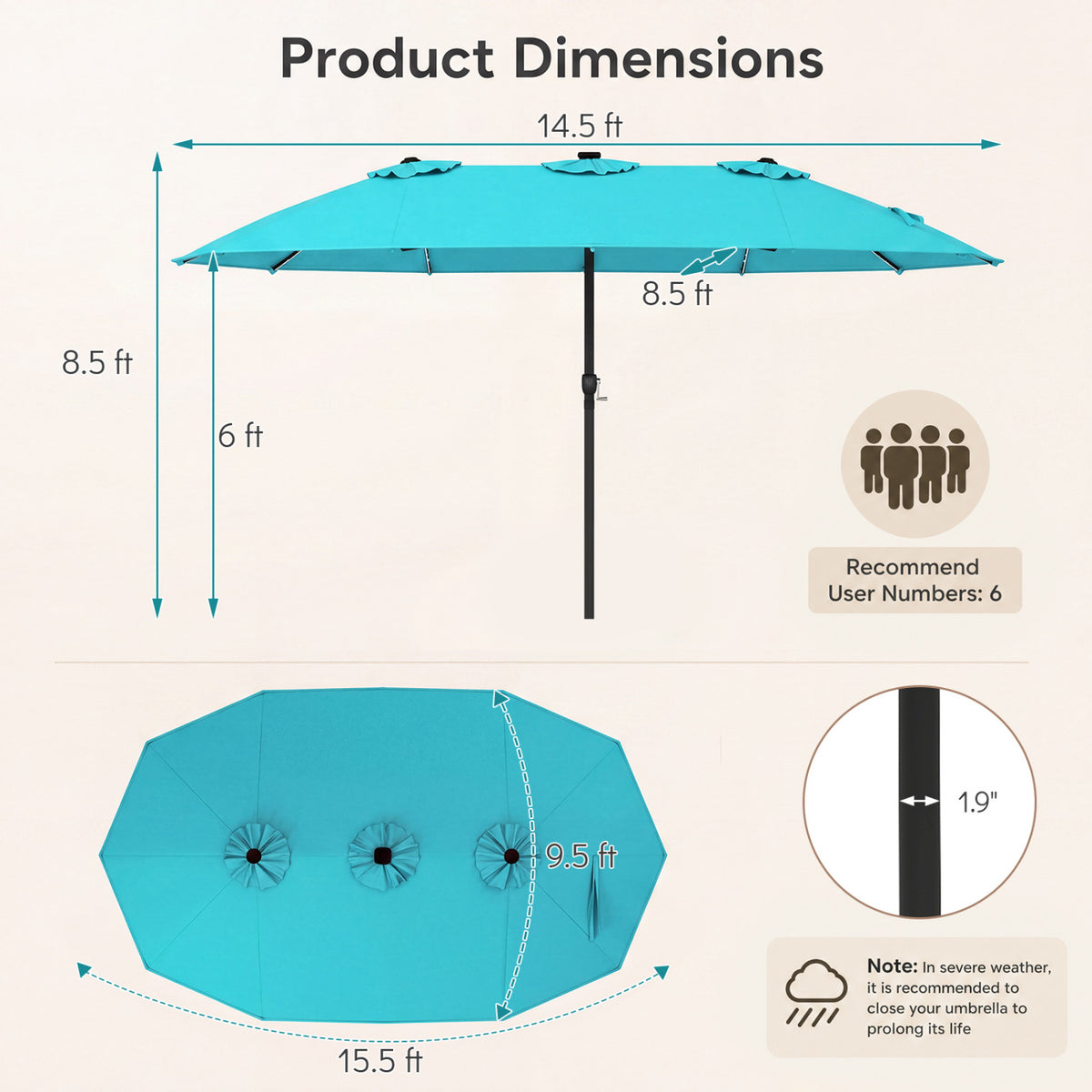 15.5FT Extra-Large Patio Umbrella 12 Reinforced Metal Ribs-Turquoise
